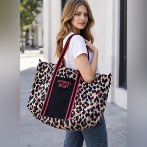 Victoria’s Secret Leopard Print Tote Bag Pink Black Canvas ShoulderTravel Beach